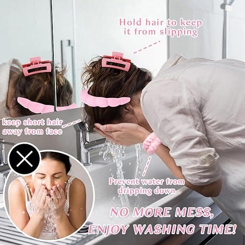 Wecoe Spa Headband And Wristband Set Skincare Headband For Washing Face Hair Claw Clips For Thick Hair Cute Pink Puffy Sponge Makeup Bubble Head Band Wrist Towels Scrunchies For Women Girls thumbnail 2