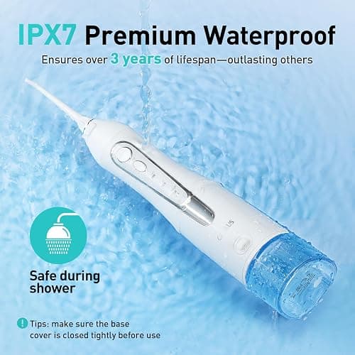 COSLUS Water Dental Flosser Teeth Pick: Portable Cordless Oral Irrigator 300ML Rechargeable Travel Irrigation Cleaner IPX7 Waterproof Electric Flossing Machine for Teeth Cleaning C20(F5020E) White thumbnail 4