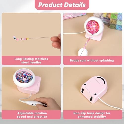 Myartype Clay Bead Spinner and Seed Bead Spinner, 2-in-1 Electric Bead Spinner for Jewelry Making, Bracelet Spinner and Necklace Making Machine with Needles and Thread (Pink), (Beads Not Included) thumbnail 6