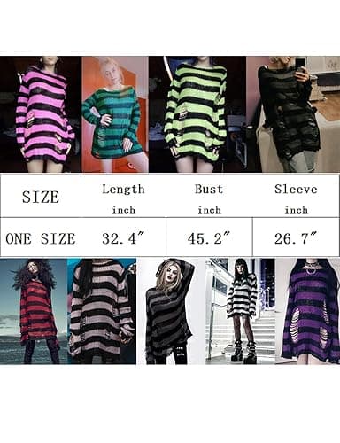 Vinsekep Women's See Through Hole Ripped Striped Long Knit Pullover Dress Sweaters Shirt - One Size - Black&pink thumbnail 6