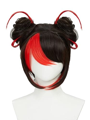 Micotaku Miraculous Ladybug Shadybug Cosplay Wig Black and Red Wig With Two Hair Buns and Six Red Hair Pieces Halloween Costume Party Outfit for Christmas Synthetic Wig+ Wig Cap - Image 1