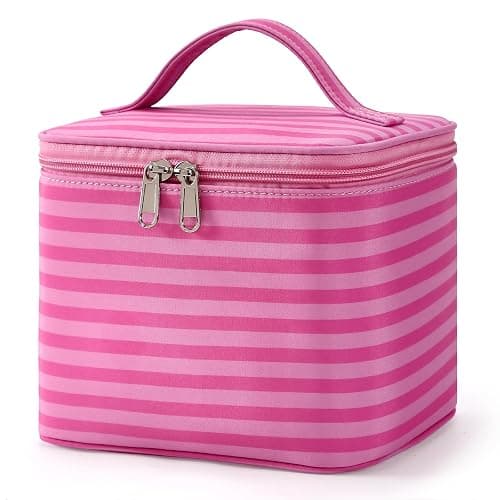 Hibilog Striped Makeup Bag with Built-in Mirror, Large Capacity Nylon Cosmetic Bag, Portable Travel Toiletry Organizer with Handle for Travel (Pink Stripe) thumbnail 7