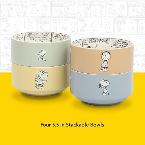 Peanuts Snoopy Bonbon Bites 4-Piece 5.5-Inch Decorated Stoneware Ceramic Stackable Bowl Set, Microwave & Dishwasher Safe Snack and Dessert Bowls thumbnail 4