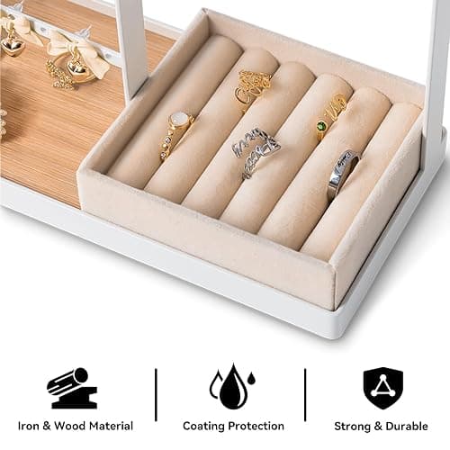 DreamGenius Jewelry Organizer Stand with Velvet Ring Holder, 4 Tier Jewelry Holder Organizer with 15 Hooks for Necklaces and 16 Holes for Earrings, White thumbnail 6