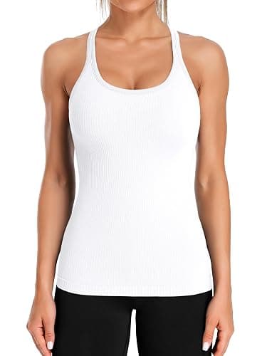 ATTRACO Ribbed Workout Tank Tops for Women with Built in Bra Tight Racerback Scoop Neck Athletic Top - Image 1