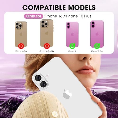 Xfilm for iPhone 16/16 Plus Camera Lens Protector Bling Individual Metal Diamond Ring 9H Hardness Scratchproof Protector, Stylish Phone Accessories, Case Friendly (Silver Diamond) thumbnail 2