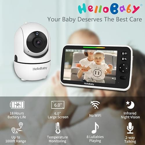 HelloBaby 6'' World First IPS 30H Battery Split-Screen Video Baby Monitor with Camera and Audio, No WiFi, Pan-Tilt-Zoom, VOX, 2-Way Talk, Night Vision, 8 Lullabies, 1000ft, for New Parents/Elderly thumbnail 2