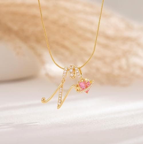 Robaice 14K Gold Plated Initial Necklace for Women, Pink Planet Heart Letter Pendant with Round Herringbone Chain, Non-Tarnish Jewelry Gifts thumbnail 5
