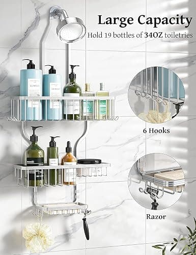 YASONIC Shower Caddy Hanging - Never Rust Shower Organizer - Aluminum Over The Head Caddy with 10 Hooks for Razor/Sponge - Rack with Soap Basket - Silver thumbnail 3