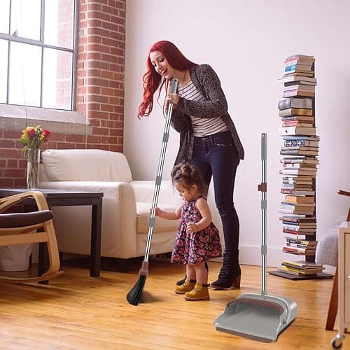 kelamayi Upgrade Broom and Dustpan Set, Self-Cleaning with Dustpan Teeth, Ideal for Dog Cat Pets Home Use, Super Long Handle Upright Stand Up Broom and Dustpan Set (Brown) - Brown-02 thumbnail 7