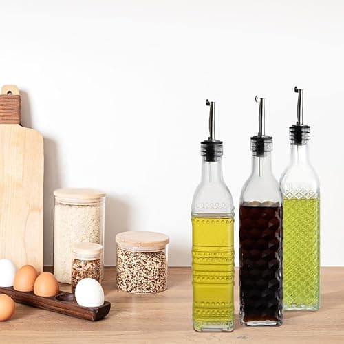 BIMUYI Glass Olive Oil Bottle Dispenser Set, 500ml Vinegar Dispenser Bottles, Kitchen Olive Oil Decanter Containers with Stainless Steel Funnel, 3 Spouts, 3 Plugs, Pack of 3 thumbnail 7