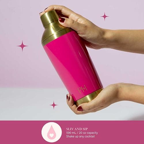 Paris Hilton 2-Piece Cocktail Shaker Set, Double Wall Insulated Stainless Steel Mixer with Built-In Strainer and Double-Sided Jigger, 20-Ounce, Gold and Hot Pink thumbnail 4