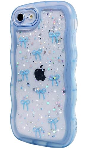 Qokey for iPhone SE(2020/2022) & 8/7 Case - Glitter Star & Curved Edge Handle Grip Design, Military-Grade Shockproof Clear TPU Cover, Sparkle Protection + Scratch-Resistant, Holographic Blue Bow thumbnail 4