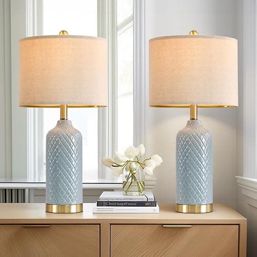 24.25" Modern Ceramic Blue Table Lamps Set of 2 for Living Room Bedroom Bedside Table Lamp for Night Stands Boho Nightstand Lamp Coastal Side End Table Lamps Reading Light Home Office Dorm Deco Gifts - Image 1