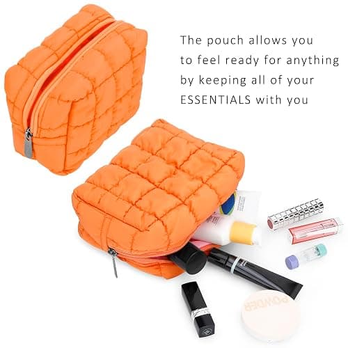 E-Tree Cute Makeup Bag,Quilted Cosmetic Bag,Make up Pouch for Purse,Toiletry Zipper Pouch,Checkered Bag,Travel Case,Storage Pouches for Organization Orange thumbnail 5