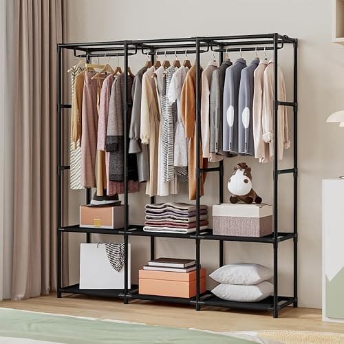 SORCEDAS Portable Closet Wardrobe Storage Organizer Metal Hanging Rack Non-Woven Fabric 50 Inch (Black) thumbnail 4