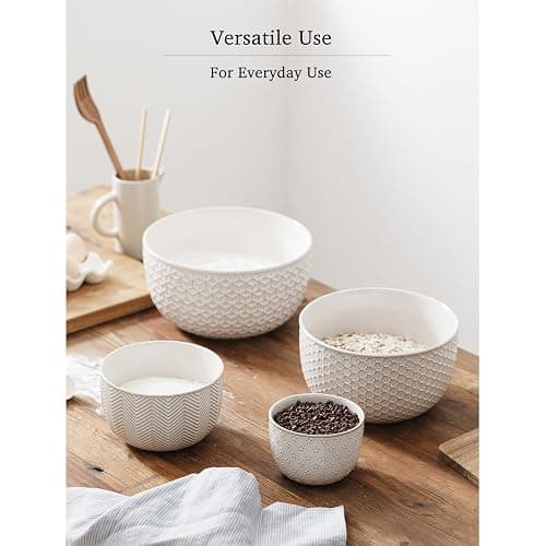 MIKIGEY Ceramic Mixing Bowls, Embossed Nesting Bowls Set of 4, Mixing Bowl Set for Serving, Baking, Cooking and Gift, Microwave and Dishwasher Safe, 20/47/99/148 oz, Off-White thumbnail 5