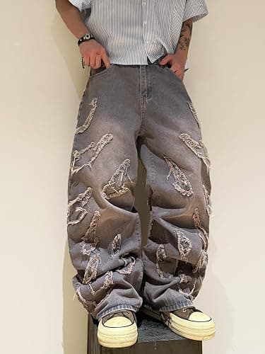 DFGIGT Men's Baggy Jeans Patchwork Embroidery Jeans Fringe Frayed Edges Wide Leg Denim Pants thumbnail 5