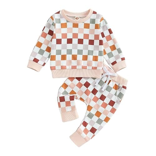 Karwuiio Toddler Baby Boy Girl Clothes Checkerboard Print Long Sleeve Sweatshirt Tops and Pants Fall Clothing Set - Image 1