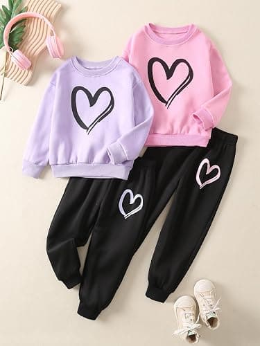 Fdqin Girls Graphic 4 Piece Outfits Heart Print Workout Hoodie and Sweatpants Fall Winter Clothing Set 4-12 Years thumbnail 7