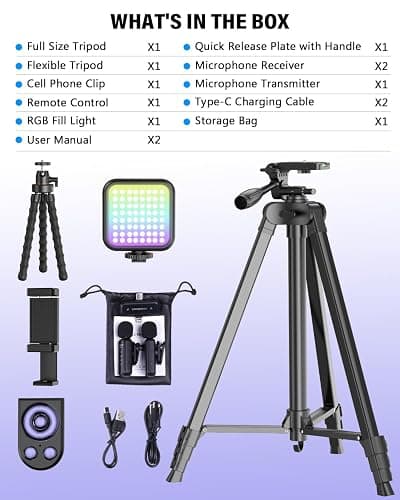 Vlogging Kit for iPhone/Android, YouTube Starter Kit with Wireless Microphone/Camera Tripod/Flexible Tripod/RGB Fill Light, Content Creator Essentials Kits for TikTok Vlog Video Recording thumbnail 7