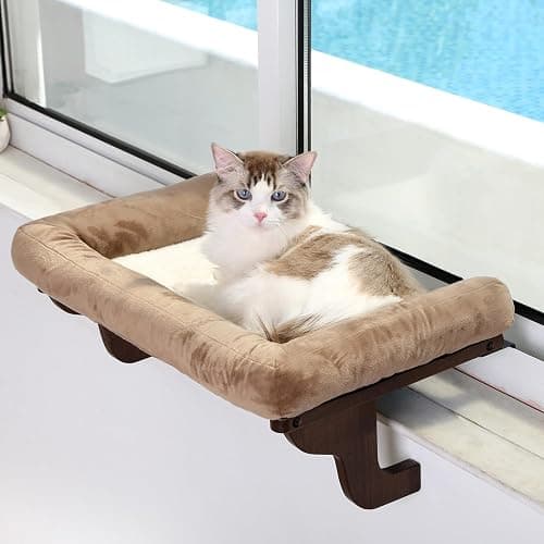 Zakkart Cat Perch for Window Sill with Bolster - Orthopedic Hammock Design with Premium Hardwood & Robust Metal Frame - Cat Window Seat for Large Cats and Kittens - Dark Stained Wood Brown Bed, 24''W - Image 1