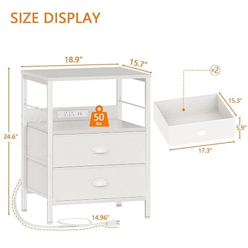 Furologee Night Stand with Charging Station, Bedside Table with Fabric Drawers, End Table with USB Ports & Outlets, White Nightstand with Storage Shelf & Hooks, for Living Room/Bedroom, White thumbnail 3