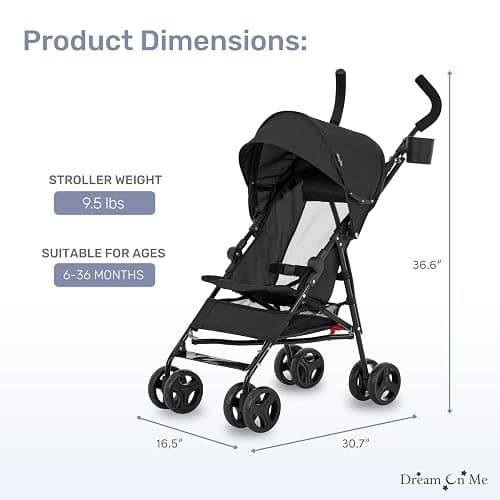 Dream On Me Rover Convenience Baby Stroller – Lightweight & Compact Travel Umbrella Stroller, Quick One-Hand Fold, Lockable Rear Wheels, Adjustable Canopy, 3-Point Safety Harness & Cup Holder - Black thumbnail 2