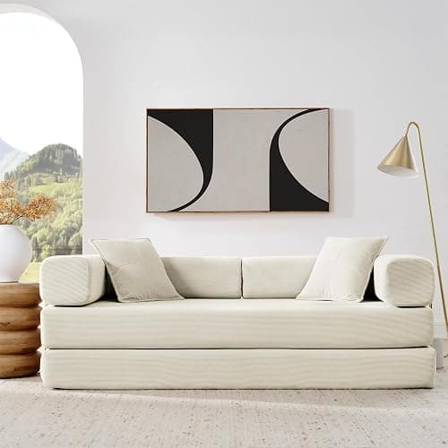 4-in-1 Folding Convertible Sofa Bed, 78 Inch Boneless Couch with Fixed-Shape Frame, Corduroy Loveseat Sleeper with Pull Out Bed, Floor Sofa Modular Futon Couch for Living Room Bedroom Lounge (Beige) thumbnail 6