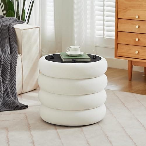 Zibeths Round Velvet Storage Ottoman with Removable Lid, Small Tufted Vanity Stool for Dorm, Modern Compact Footrest for Bedroom Entryway Lounge, White thumbnail 6