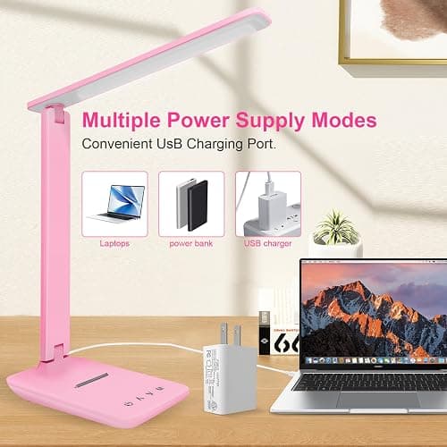 White crown LED Desk Lamp Dimmable Table Lamp Reading Lamp with USB Charging Port, 5 Lighting Modes, Sensitive Control, 30/60 Minutes Timer (Pink, First-Generation) thumbnail 5