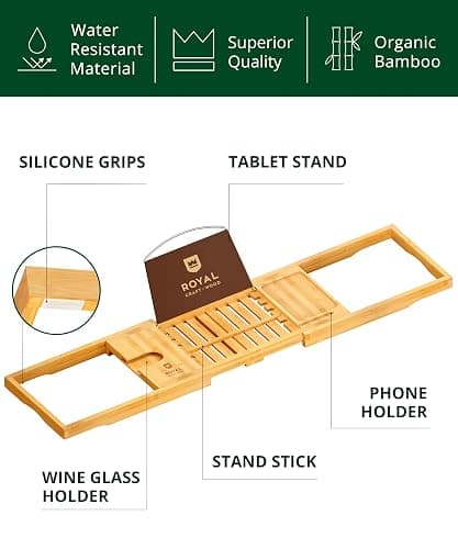ROYAL CRAFT WOOD Premium Foldable Bathtub Tray Caddy - Wood Bath Tray for Tub, Bamboo Shelf, Expandable Bath Table Trays, Bathtub & Bathroom Accessories for New Home & Mothers, Birthday Gifts for Mom thumbnail 3