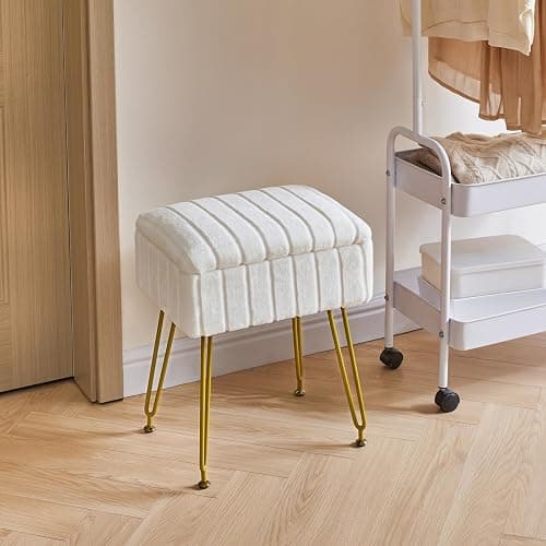 IBUYKE Stool Chair with Storage Space, Footrest Footstool Ottoman, Small Side Table, with 4 Metal Legs, with Anti-Slip Feet, for Makeup Room, Bedroom, Faux Fur, White L/G-50W thumbnail 6