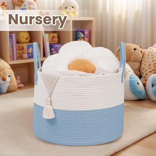 JMvicyroam Woven Blanket Basket,65L Large Rope Storage Bin with Handles, Organizer for Blankets Toys Book and Clothes, Laundry Basket for Living Room Bedroom Nursery,White&Blue thumbnail 4