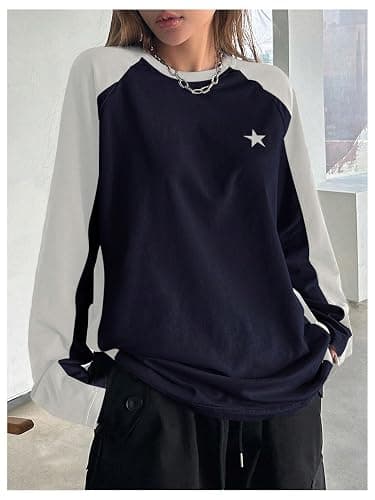 SHENHE Women's Color Block Crew Neck Star Graphic Raglan Shirt Loose Long Sleeve Tee Top thumbnail 4