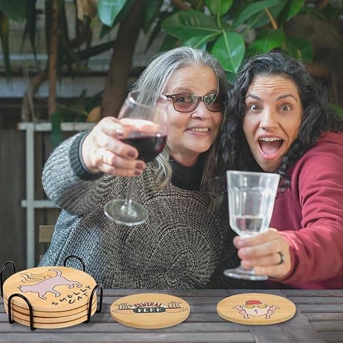 Friends TV Show Merchandise - Friends Coasters Set of 6,Friends TV Show Gifts for Women,Wooden Coasters for Drinks with Coaster Holder,Friends TV Show Decor for Halloween thumbnail 6