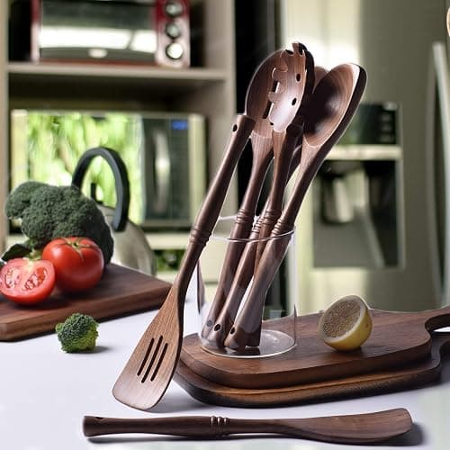 Gudamaye 12 inch Black Walnut Wooden Utensils - 6 Pcs Crafting Spoon Set for Cooking thumbnail 5