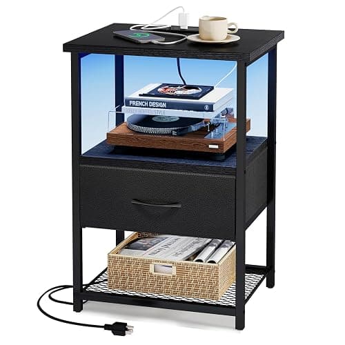 Fixwal Night Stand with Charging Station, LED Nightstand Side Table with Fabric Drawers PU Finish, End Tables Bedroom, Bedside Table, Black - Image 1
