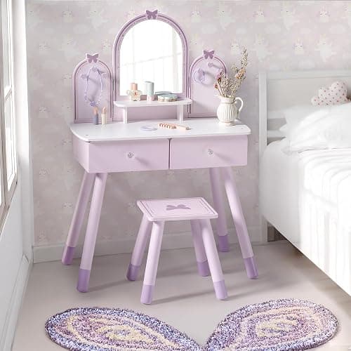 ROBUD Kids Vanity Table and Chair Set, Girls Vanity Set with Mirror, Pretend Play Kids Vanity, Makeup Dressing Table with Drawer and Accessories, Age 3+ (Purple) - Image 1