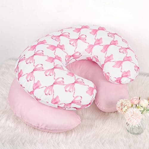 HNHUAMING Nursing Pillow Cover 2 Pack, Stretchy Breastfeeding Pillow Covers, Removable Feeding Pillowcase for Newborn, Ultra Soft Nursing Pillow Slipcover for Baby Girls Boys, Pink Bow thumbnail 6