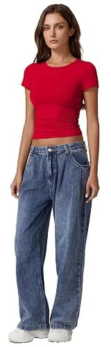 QINSEN Short Sleeve Shirts for Women Round Neck Basic Double Lined Tees Fitted Y2k Crop Tops thumbnail 6