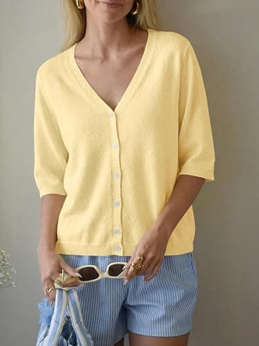 Saodimallsu Womens Half Short Sleeve Cardigans Lightweight V Neck Sweater | Summer Cardigans, Half Short Sleeve, Lightweight Knit, V Neck, Button Down, Casual Sweater Tops thumbnail 3