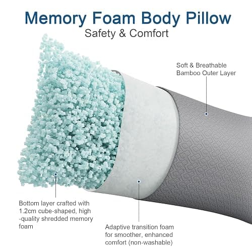 Thick Memory Foam Body Pillow - Full Body Pillows for Side Sleeper - with Grey Cooling Pillowcase 20 x 54 inches (Grey Color) thumbnail 2