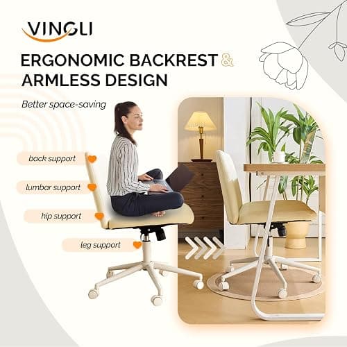 VINGLI Criss Cross Legged Chair,Wide Comfy Office Desk Chair,Dual-Use with/no Wheels Computer Task Chair,Swivel Armless Vanity Rolling Chair for Study,Make Up,Home Office,Cat Scratch PU Leather,Beige thumbnail 7