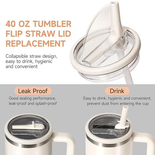 Padonco 2 PCS 40oz Flip Straw Leak Proof Cup Lid forStanley H2.0 Quencher, Lid Replacement 40 oz forStanley Cup Accessories ProTour, Spill Proof StrawCover for Travel, Gym, Daily Use (White) thumbnail 5