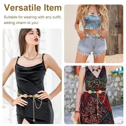 Alaoo Western Gold Metal Concho Chain Belt, Gold Chain Belt for Women, Western Cowgirl Waist Chain Adjustable Gold Metal Vintage Belt, Boho Golden Waist Chain Belts for Women Dresses Jean thumbnail 5