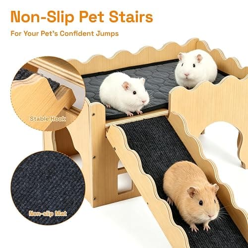 Wooden Guinea Pig Hideout Cave House, Guinea Pig Castle with Natural Cave-Style Entrance, Large Small Animal Habitat with Stairs, Waterproof Liner, Easy Assembly for Guinea Pigs, Rabbits & Hamsters thumbnail 3