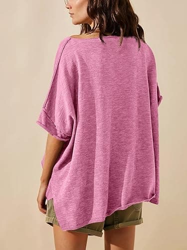 Tankaneo Women's Oversized T Shirts Casual Summer Crew Neck Loose Dropped Short Sleeve Side Slit Hem Blouse Tunic Tops thumbnail 5