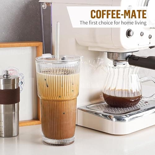 ALINK 2 Pack 20 oz Ribbed Glass Tumblers with Lids and Straws Glassware Cups Set, Thickened Glass, Ideal for Iced Coffee, Smoothies, Cocktails,Juices thumbnail 2