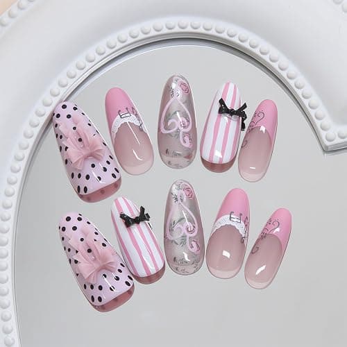 Tastetreasure 30Pcs Almond Press on Nails, Pink French Cat Eye Fake Nails with Bows Polka Dots Music Notes, Cute Lace Vine Stick on Nails for Women, Gel Acrylic False Nails with Jelly Glue Kit thumbnail 4